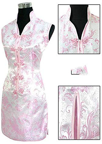 HXSZWJJ Traditionnelle Chinoise Dame Soie Cheongsam Qipao Prom Club Robe Totem Fleur (Color : Pink, Size : S.)