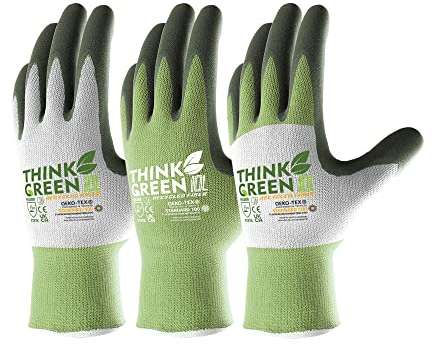 COOLJOB Arbeitshandschuhe, 3 Paar Gartenhandschuhe Damen aus recyceltem Polyester, Arbeits-Handschuhe Herren mit Gummibeschichtung, grün, weiß & grau, Größe 7/S