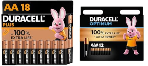 Duracell Batterie Plus AA (pacco da 18) - Alcalina 1.5V - Fino al 100% di extra durata & Batterie Optimum AAA(pacco da 12)-alcaline da 1.5V