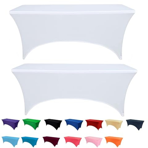 Newthinking Spandex-Tischdecke, 1,8 m, schwarze Tischdecke, Party, Stretch-Tischdecke, waschbar, rechteckig, Stretch-Tischtuch für Bankett, Hochzeit, Party (weiß, 1,8 m, 2 Stück)