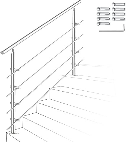 Ikodm Geländer Edelstahl Handlauf Treppengeländer 160 cm，mit 4 Querstreben und Zubehör, für Treppenhaus innen, Balkon, Hauseingang