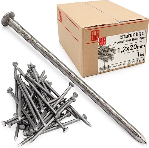 Lun Fix Stahlnägel 1,2 x 20 mm - 1kg (ca. 5450 stk.) Holznägel für Bauarbeiten | Unverzinkter Baunägel | Nägel 20mm lang | Drahtstifte Nägel Senkkopf blank unverzinkt für Tischlerarbeiten, DIY, crafts