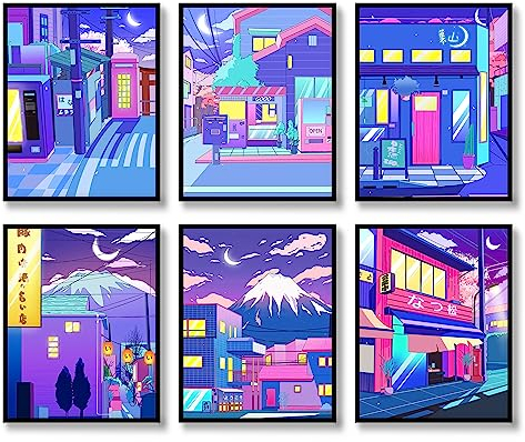 Japanische Wandkunstdrucke, Set mit 6 Neon-Postern, abstrakte Anime-Illustration, Wanddekoration, japanische Straßen im Nachthimmel, Fuji-Bild, Foto, Mode, Leinwand, Kunstgemälde für Wohnzimmer,