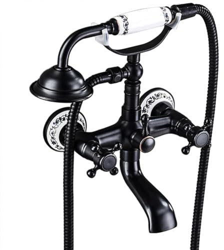 Badewannenarmatur Schwarz Vintage - Messing Doppelhebel Wandmontage Wannenarmatur Mit Handbrause, Dusche Set