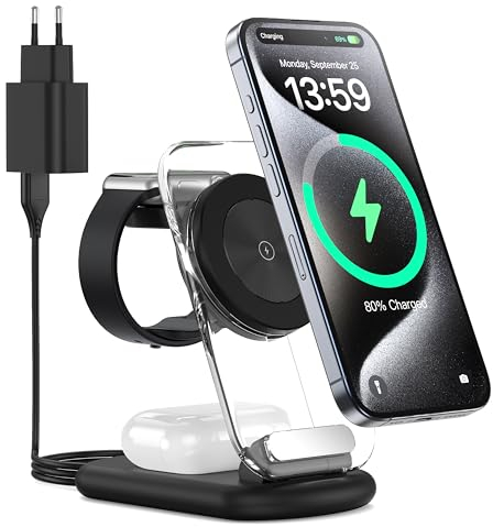 3 in 1 - Stazione di ricarica wireless per Mag-Safe, caricatore magnetico senza fili pieghevole e regolabile, supporto per caricabatterie da viaggio Mag-Safe con luce per iPhone serie 16/15/14