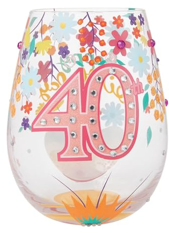 Enesco Lolita Designs - Bicchiere da vino senza stelo dipinto a mano, con scritta Happy 40th Birthday, 590 ml, multicolore