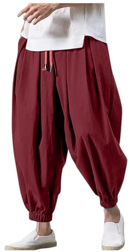 Harem Pants Mens Cotton Linen Trousers Baggy Casual Pants Wide Leg Drawstring Pirate Costume Hippie Clothes Cuffed Cargo Joggers Elasticated Waist Trousers
