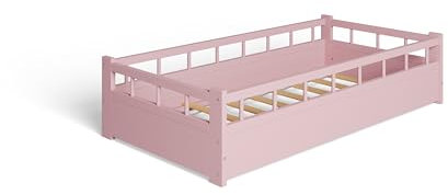 MS FACTORY Golvbädd 160x80 cm - Spjälsäng Med Fallskydd 40 cm Hög - Utan Madrass - Träsäng Med 5 cm Fötter - Rosa