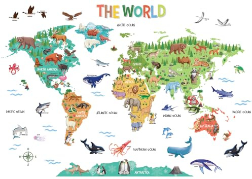 DECOWALL Large Animal World Map Wall Stickers Decals (SG2-2423) | Colourful continents, oceans and wildlife; peel and stick removable educational décor for nursery, playroom or classroom