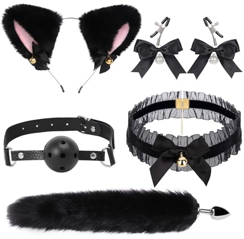 Kutocesy Plug Anal Con Cola Juego De Rol Orejas De Gato Mordaza Campanas Collar Pezón Pinzas 5 Piezas Juguetes Sexuales Para Hombres Mujeres (Black)