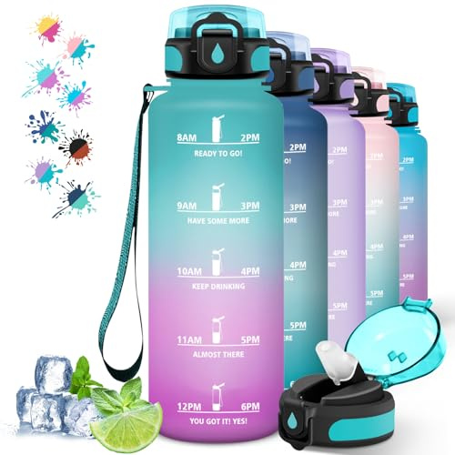 Trinkflasche Sport 1,5 Liter mit Strohhalm und Zeitmarkierung für Yoga, Camping und Running