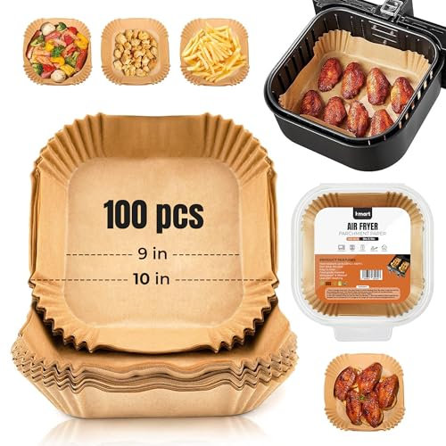 K-MART Carta da forno per friggitrice ad aria calda, 100 pezzi, 23 cm, carta da forno quadrata Airfryer con rivestimento antiaderente, qualità alimentare, accessorio per friggere, forno a microonde
