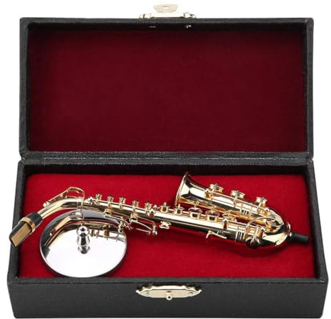 Laroal Saxofón alto en miniatura, modelo decorativo, latón chapado en oro, mini saxofón para amantes de la música, con soporte y estuche, réplica coleccionable