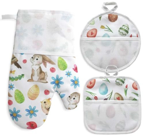 Guantone e presine da cucina da ricamare a Punto Croce, Set Guanto da forno e presine, Guantone da forno e presine con Tela Aida Uova di Pasqua
