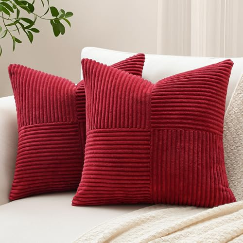Sungeek Set med 2 dekorativa kuddfodral 45 x 45 cm Mjukt Kordyrygsband Randig Patchwork Texturerade Kuddöverdrag Solida Fyrkantiga Soffkuddar för Soffa Säng Trädgård 18 x 18 tum, Mörkt Rött