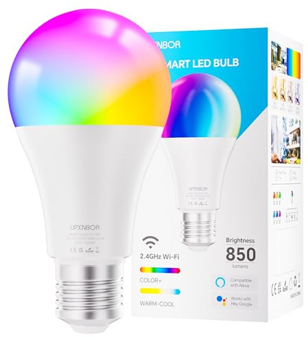 UPXNBOR Smarte Glühbirne E27 LED RGBWW WLAN Lampe, 9W, 1 Stück | Kompatibel mit Alexa & Google Assistant, 16 Mio. Farben, 1–100 % dimmbar, 850 lm, 2,4 GHz WLAN