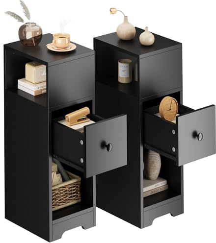 Dripex Slim Bedside Table, Set of 2 Narrow Bedside Cabinet with Storage Drawer, Wooden End Table Space Saving, 4 Tier Nightstand for Bedroom, Living Room, Balcony or Office (Black)