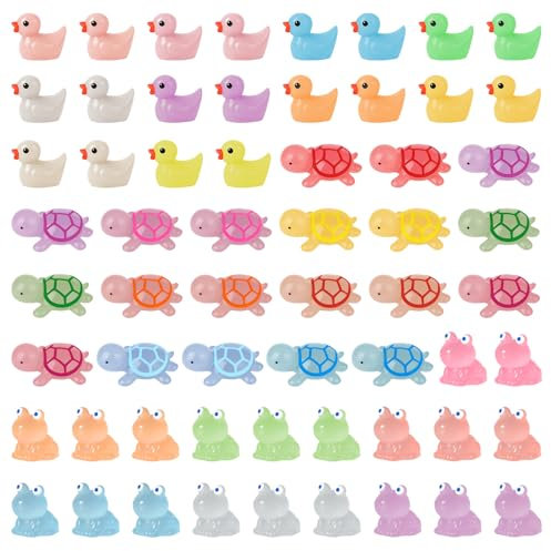 Juibao 60Pcs Pond Mini Resin Animals, Glow in The Dark Tiny Ducks Turtles Frogs Resin Figures, Small Mixed Animal Figures for Decorative Garden, Miniature Landscape, Dollhouse