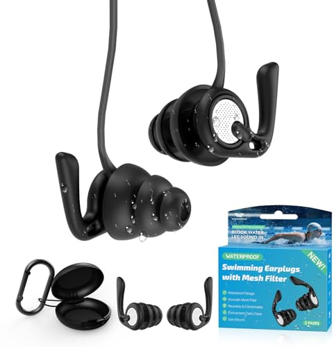 Swimming Ear Plugs, 2 Pairs Waterproof Reusable Silicone Earplugs with Cord & Case for Swimming, Shower, Bathing, Surfing, Pool and Water Sports, Comfortable Fit for Adults, Teens & Kids 9+