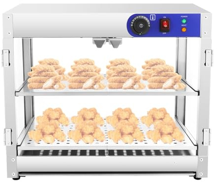mesterth Vitrina de encimera, mostrador caliente, vitrina para mantener el calor, vitrina térmica de 30 – 85 °C, iluminación interior, estante de alambre de 2 niveles, con pinzas, cristal comercial
