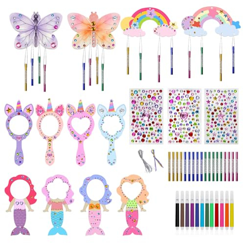 lompyeu Kit De Bricolage Miroir Sirène Licorne En Bois à Peindre - Lot De 47- Carillon à vent en bois arc-en-ciel et papillon DIY Loisirs Créatifs pour Enfants Activité Manuelle, pour Garçons Filles