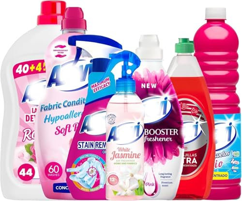 7 Piece Pink Spanish Cleaning Products Bundle Giftset Air Freshener 400ml, Floor Cleaner 1L, Fabric Softener 60W, Laundry Detergent, Elegant Scent, Stain Remover, Scent Booster – Home Cleaning Set