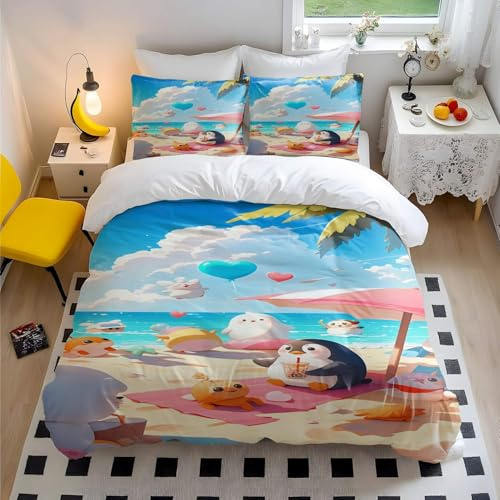 Whimsical Beach Buddies Duvet Cover Set, Cartoon Penguin, Seal, and Beaver Bedding, Summer Theme 3 Piece Comforter Cover, Kids Bedding Twin XL (4,Queen 90x90in)