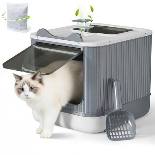Eukue Bac à Litière Fermé, Maison de Toilette avec Plateau Amovible pour Un Nettoyage, Bac Litiere pour Chat avec Pelle, Weiß+Grau