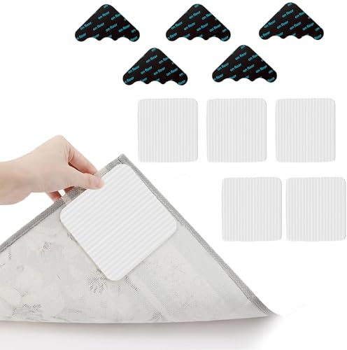 KRYMXAR 10 Stück Teppich Stopper rutschfest, Teppichstopper Set - Teppich Antirutsch Pads und Teppich Klebepads für Sicheren Halt, Wellen- und Quadratform