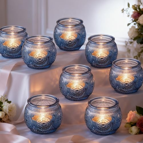 Photophore Bougeoir en Verre, 12 Photophore Verre Bleu, Bougeoirs Support pour Bougies Chauffe-Plat, Photophores Bougie, Porte Bougie Decorative pour Table Mariages, Noël, Fêtes d'anniversaire