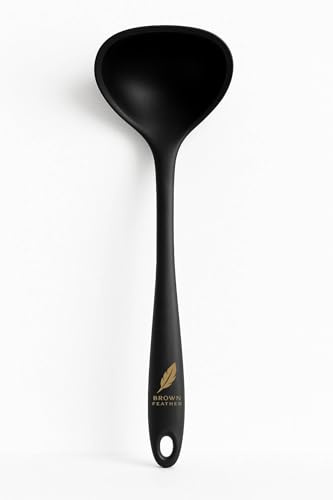 Brown Feather Silicone Soup Ladle - Silicon Ladle Spoon for Cooking, Spatula Serving Offset Big Gravy Stick Punch, Spout Joseph Long Handled Ladles Kitchen Utensil Spoons, Large Bowl deep Scoop Stew