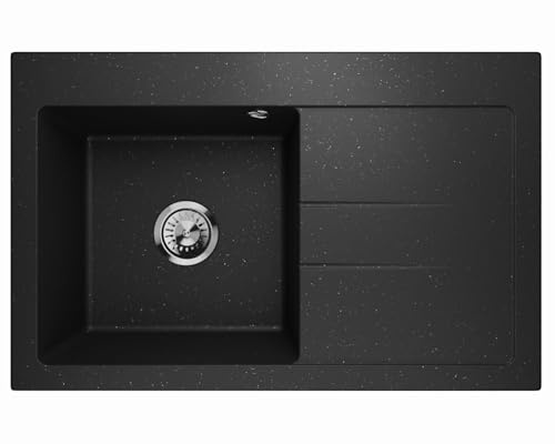 Lavello - Fregadero de granito negro metálico – Fregadero de montaje profundo 77,5x49,5 cm – Fregadero de cocina de 1 cubeta con escurridor, fácil de cuidar, resistente a los arañazos, reversible