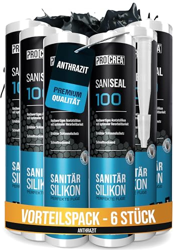 PROCREA® 6x Premium Silikon Saniseal 100 (anthrazit) [Schimmelresistent] Hochwertiges Sanitärsilikon zum abdichten für Fugen in Bad, Dusche & Küche uvm. - Silicon schwarz in Profi-Qualität
