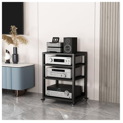 4-Tier Audio Component Rack - Stylish Record Player Stand & Media Console for Living Room, Corner Turntable Storage for Stereo Receiver, Speakers & Gaming Gear, Space-Saving Unit