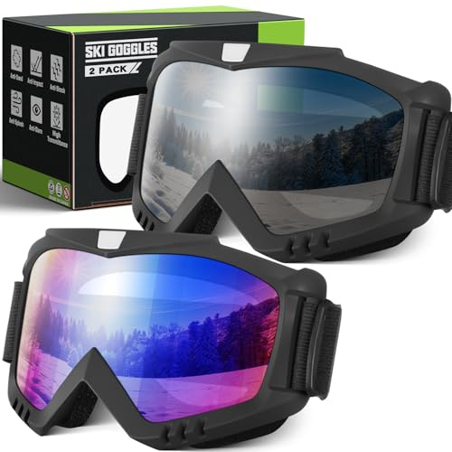 YENPK Skibrille für Herren und Damen, 2 Stück, Snowboardbrille, UV-Schutz, Anti-Beschlag, OTG, Schneebrille für Schneemobil, Skifahren, Skaten