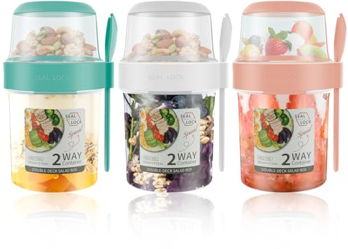 3 Pack Reusable Overnight Oats Storage Yogurt Pots 870ml Breakfast Salad Cereal Cup with Lid Spoon Portable Oatmeal Breakfast On the Go Jar Dishwasher Safe Snack Meal Container for School Travel
