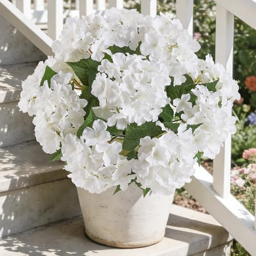 Kisflower Hydrangea Artificial Flowers Faux Hydrangea Flowers Silk Flowers Bouquets with Stems for Table Vase Centerpiece Wedding Party Outdoor Decor(White, 1pcs)