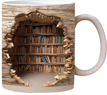 Bokmugg För Bokälskare | Tvådimensionell Mugg 350ml Bibliotek Kaffemugg | Keramisk Novitet för Läsare Män Kvinnor Bokälskare till Latte och Vatten i Bar för Bokklubb och Bokig Jul