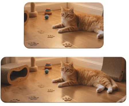 Cat Paw Print Kitchen Rugs Set of 2, Cushioned Anti-Fatigue Kitchen Mats for Floor, Waterproof Comfort Standing Mat Absorbent Velvet Kitchen Runner Rugs 17x30+17x47