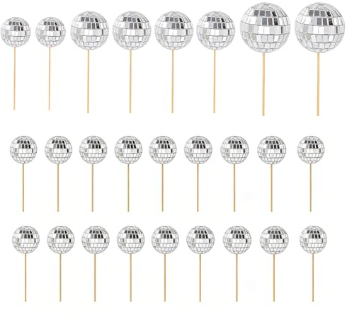 Juego de 26 piezas de bolas plateadas para decoración de pasteles, mini adornos para pasteles con bolas de discoteca para fiestas de los años 70, adornos para cupcakes con bolas de espejos para cumple