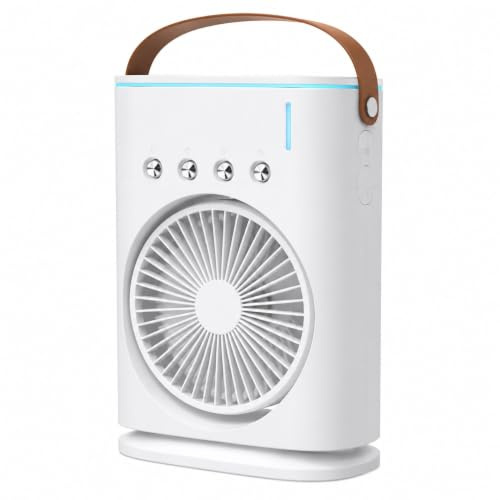 Ventilador de Mesa Portátil 8W, Ventilador Recargable con Humidificador, Depósito de Agua 350 ml, 3 Velocidades, Luz LED, Ajuste Multiángulo 90°, Bajo Ruido, Asa de Transporte, USB Tipo C, Blanco | 8W, Depósito de Agua 350 ml, 3 Velocidades, Luz LED, Ajuste Multiángulo 90°, USB Tipo C, Asa de Transporte