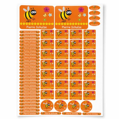 Namensaufkleber Kinder Schule Biene - 69 Sticker - A4-Bogen - Namensetiketten selbstklebend - Aufkleber selbst gestalten - Kindergarten, KITA, Brotdose, Bücher, Federmappe, personalisiert