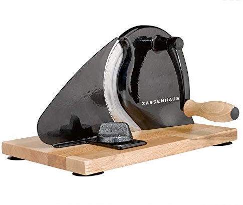 Zassenhaus Cortador de pan manual Classic, color negro, hoja de acero Solinger, grosor de corte: 1-18 mm, tabla y manivela de madera de haya, dimensiones: 30 x 25,5 x 19 cm