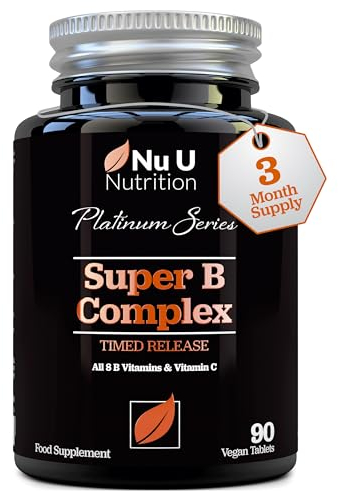 Super Vitamin B Complex - High Absorption Methylated B Vitamins with VIT C - 90 Timed Release Vegan Tablets - 3 Month Supply - B1, B2, B3, B5, B6, B8, B9 & B12 - Made in The UK - Nu U Nutrition