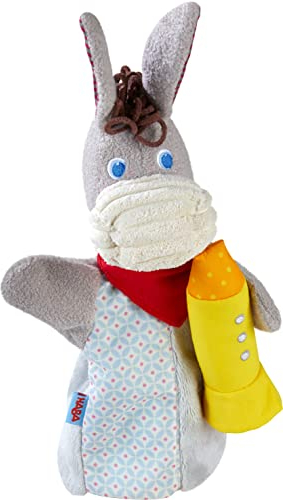 HABA 304929 - Klang-Handpuppe HABA-Musikant Esel, Spielpuppe aus weichen Materialien mit Quietsche und Knisterfolie für akustische Effekte, Spielzeug ab 18 Monaten