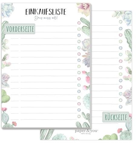 Einkaufsliste A6 Abreißblock Einkaufszettel für Küche Kakteen | Für Küche & Einkauf: 50 Blatt zum Abreißen mit 100g/m²-Papier, beidseitig beschreibbar & mit Kringeln zum Abhaken