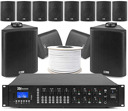 Power Dynamics 6-Zone Background Music System with Weatherproof BC50V Wall Mount Speakers, PRM606 360W Bluetooth Matrix Amplifier & Cable – Ideal for Indoor Outdoor Multi-Room Installations