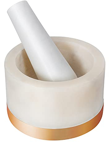 Divit Shilp Mortero y mortero, hecho de piedra dura pulida resistente, molinillo de piedra natural para especias, pastas, hierbas, condimentos, etc. (Marble with Brass Base)
