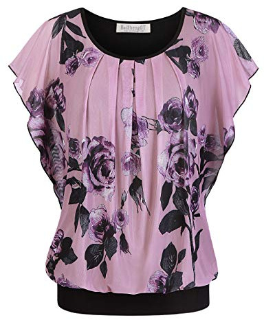 BAISHENGGT Damen Sommer Netz Bluse Flatter Kurzarm Tshirt Rundkragen Falten Elegant Oberteile Top Blusen Rosa Rose L