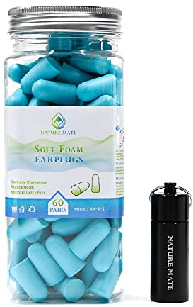 Nature Mate Super Soft Reusable Foam Earplugs 38dB Highest SNR 60 Pairs Anti-Noise Ear Plugs for Sleeping Snoring Studying Travel Concerts Loud Noise with Compact Carrying Case (Blue)